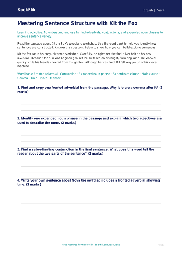 Free Sentence Structure Word Mat | Year 4 Core | BookFlik worksheet preview — English Sentence Structure