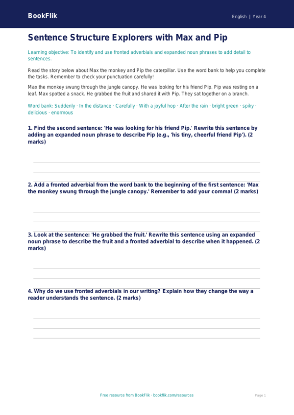Free Sentence Structure Worksheet | Year 4 Core | BookFlik worksheet preview — English Sentence Structure