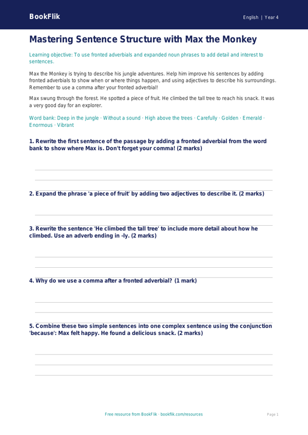 Free Sentence Structure Writing Frame | Year 4 Core | BookFlik worksheet preview — English Sentence Structure