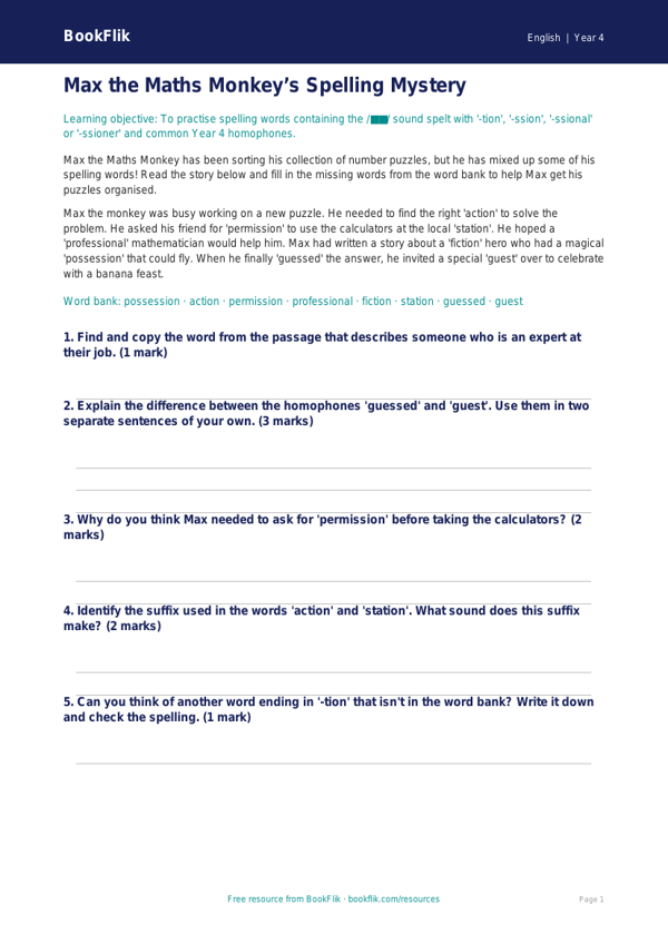 Free Spelling Activity Sheet | Year 4 Core | BookFlik worksheet preview — English Spelling