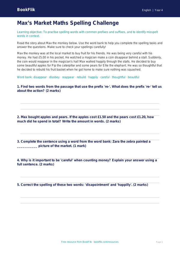 Free Spelling Assessment | Year 4 Core | BookFlik worksheet preview — English Spelling