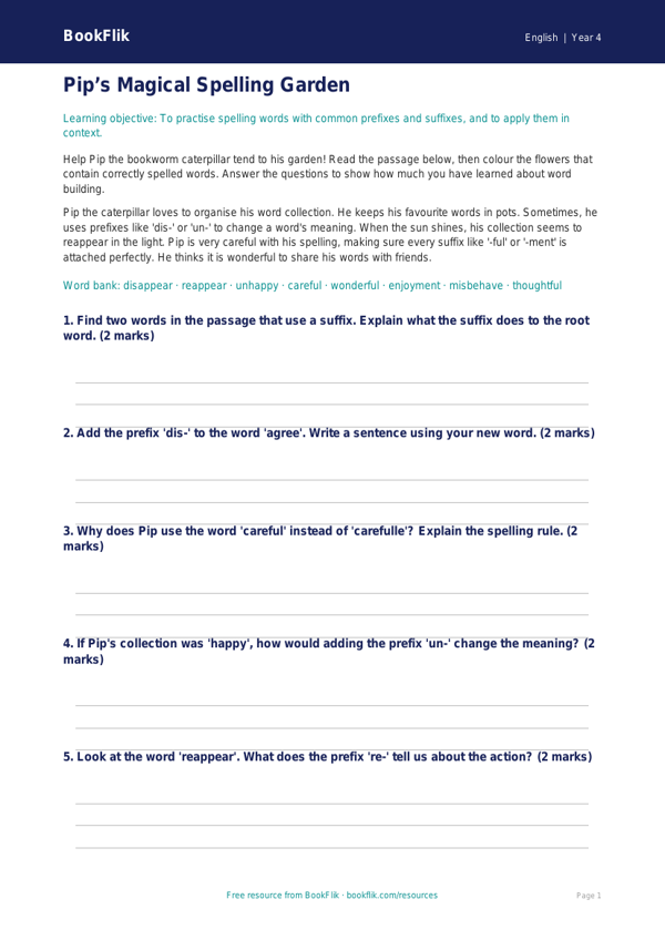 Free Spelling Colouring Page | Year 4 Core | BookFlik worksheet preview — English Spelling