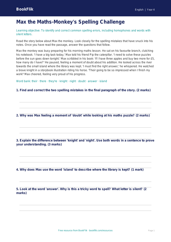 Free Spelling Comprehension | Year 4 Core | BookFlik worksheet preview — English Spelling