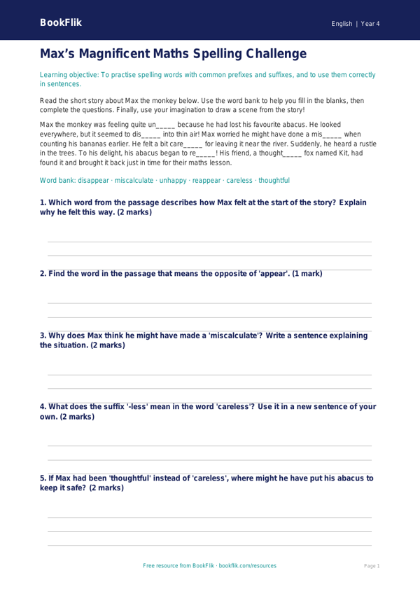 Free Spelling Drawing Sheet | Year 4 Core | BookFlik worksheet preview — English Spelling