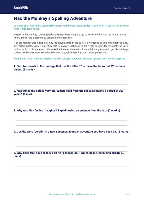 Free Spelling Flashcards | Year 4 Core | BookFlik worksheet preview — English Spelling