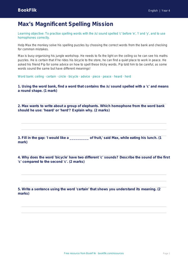 Free Spelling Quiz | Year 4 Core | BookFlik worksheet preview — English Spelling