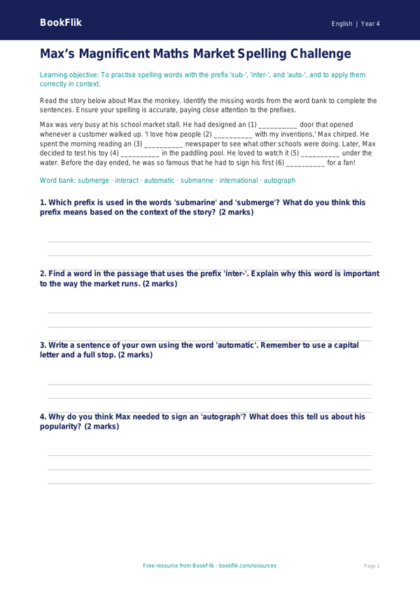 Free Spelling Template | Year 4 Core | BookFlik worksheet preview — English Spelling