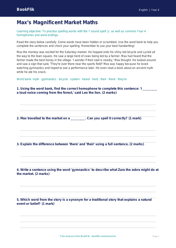 Free Spelling Worksheet | Year 4 Core | BookFlik worksheet preview — English Spelling