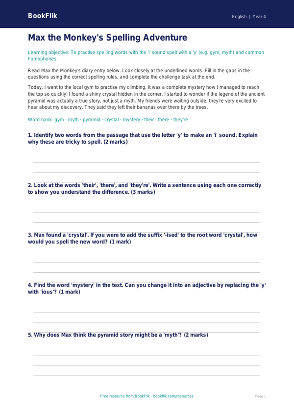 Free Spelling Writing Frame | Year 4 Core | BookFlik worksheet preview — English Spelling
