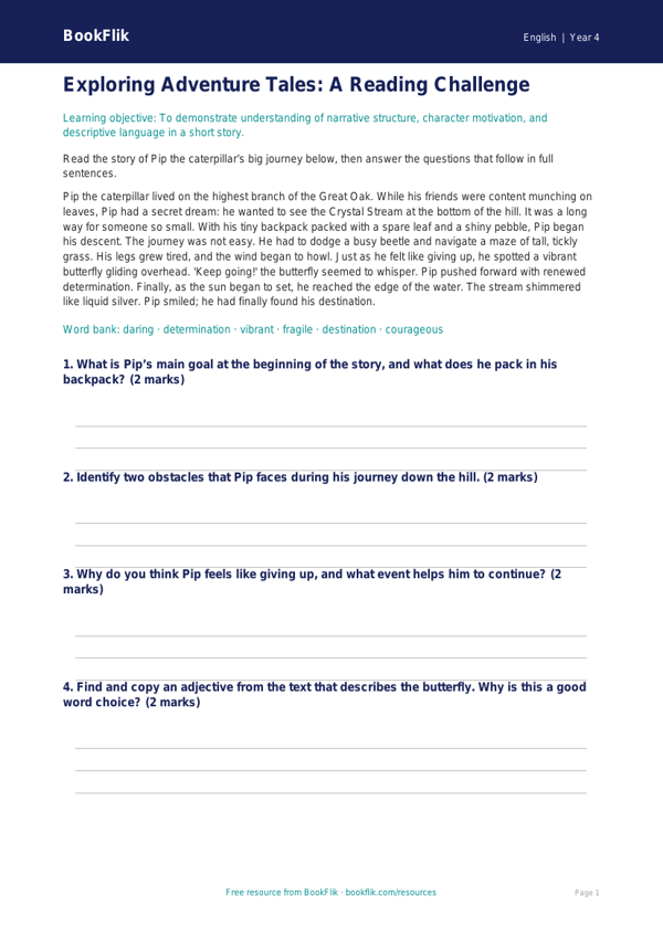 Free Stories Assessment | Year 4 Core | BookFlik worksheet preview — English Stories