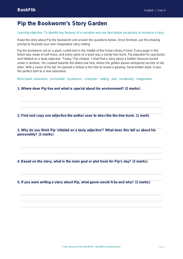Free Stories Colouring Page | Year 4 Core | BookFlik worksheet preview — English Stories
