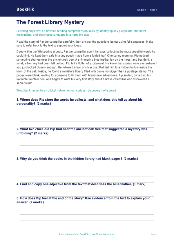 Free Stories Comprehension | Year 4 Core | BookFlik worksheet preview — English Stories