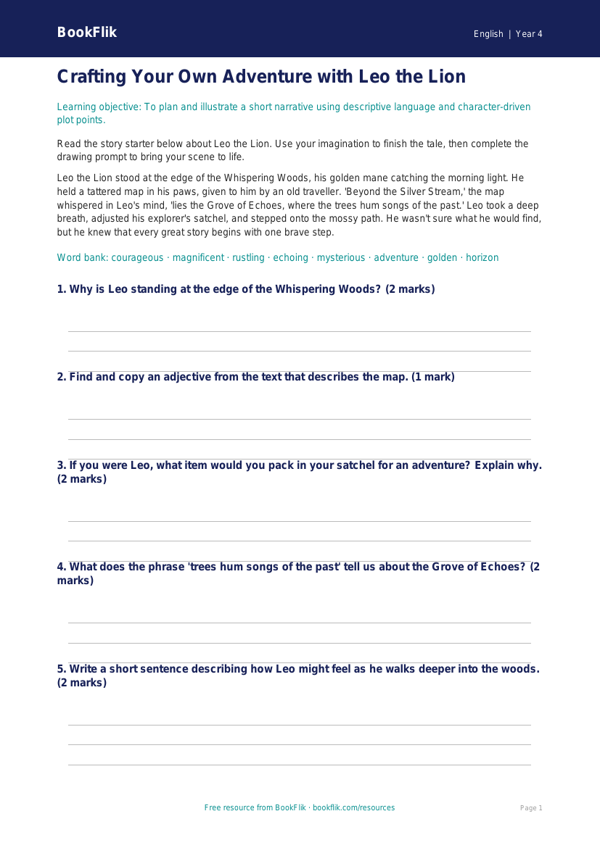 Free Stories Drawing Sheet | Year 4 Core | BookFlik worksheet preview — English Stories