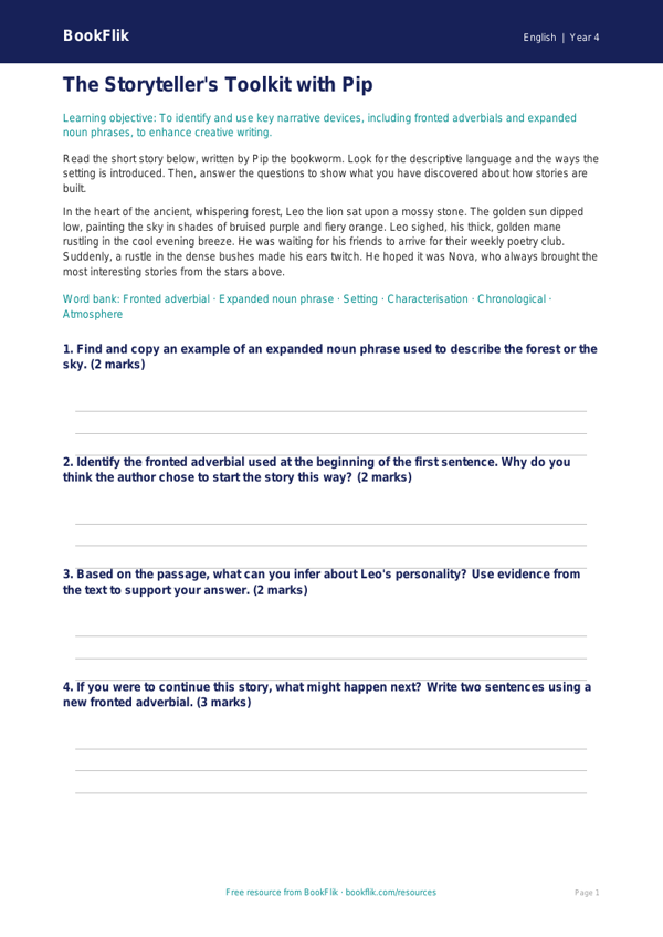 Free Stories Poster | Year 4 Core | BookFlik worksheet preview — English Stories