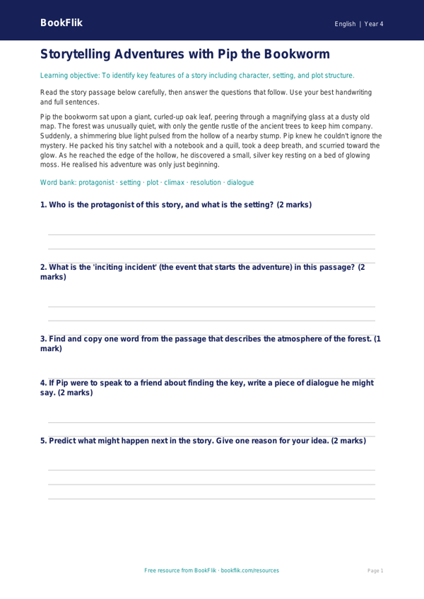 Free Stories Quiz | Year 4 Core | BookFlik worksheet preview — English Stories