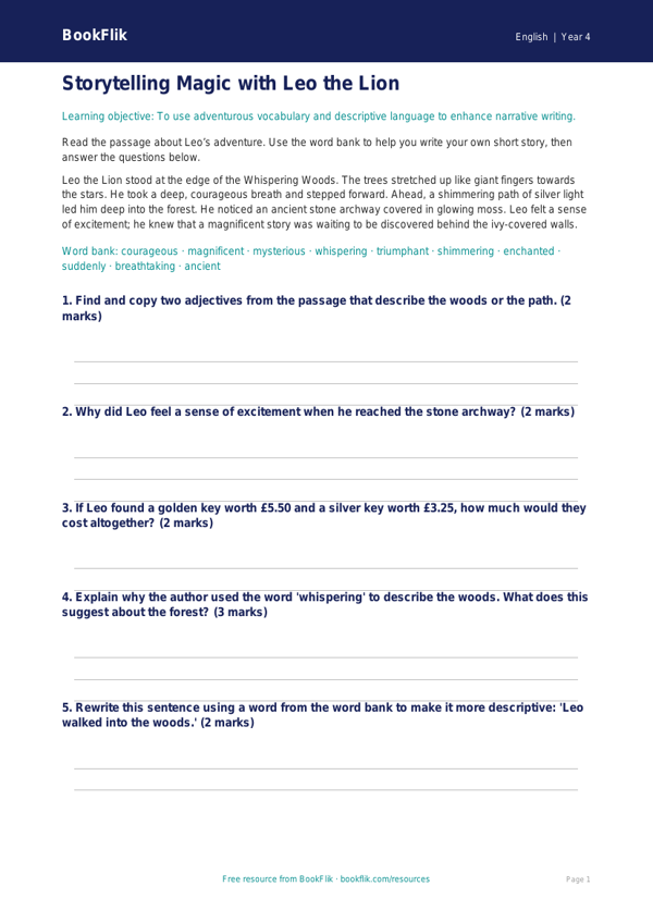 Free Stories Word Mat | Year 4 Core | BookFlik worksheet preview — English Stories
