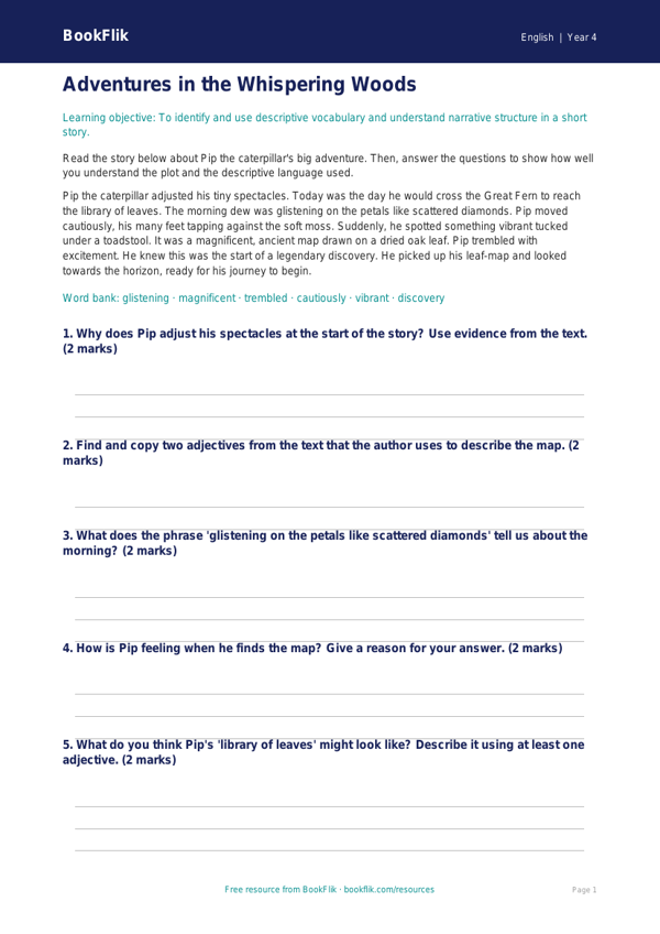 Free Stories Worksheet | Year 4 Core | BookFlik worksheet preview — English Stories