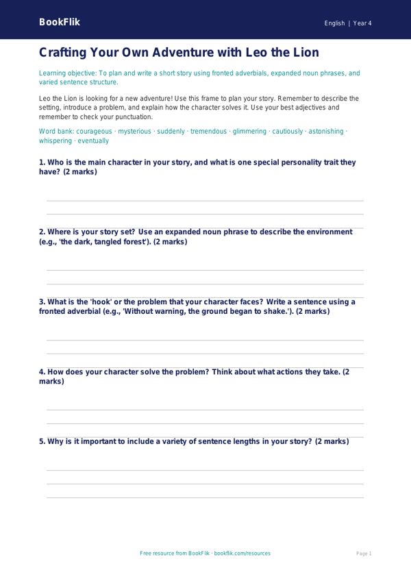 Free Story Writing Frame | Year 4 Narrative Template | BookFlik worksheet preview — English Stories