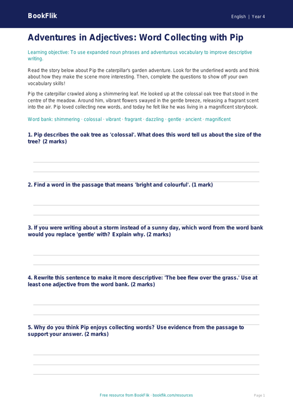 Free Vocabulary Activity Sheet | Year 4 Core | BookFlik worksheet preview — English Vocabulary