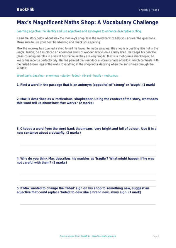 Free Vocabulary Assessment | Year 4 Core | BookFlik worksheet preview — English Vocabulary