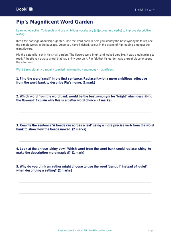 Free Vocabulary Colouring Page | Year 4 Core | BookFlik worksheet preview — English Vocabulary