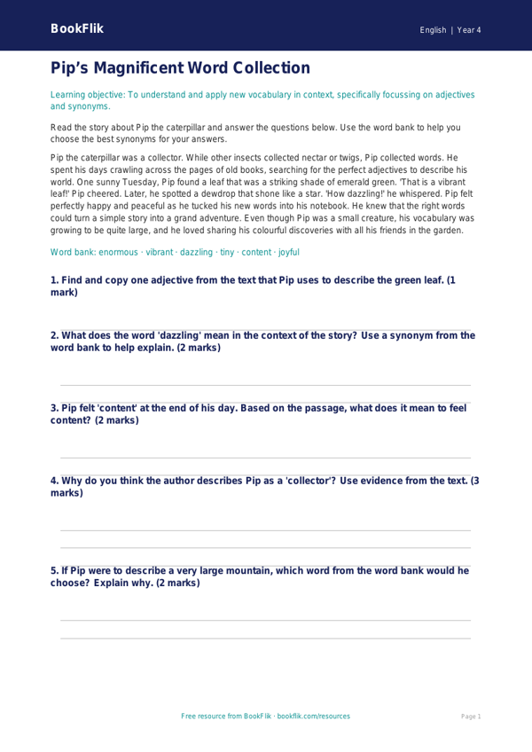 Free Vocabulary Comprehension | Year 4 Core | BookFlik worksheet preview — English Vocabulary