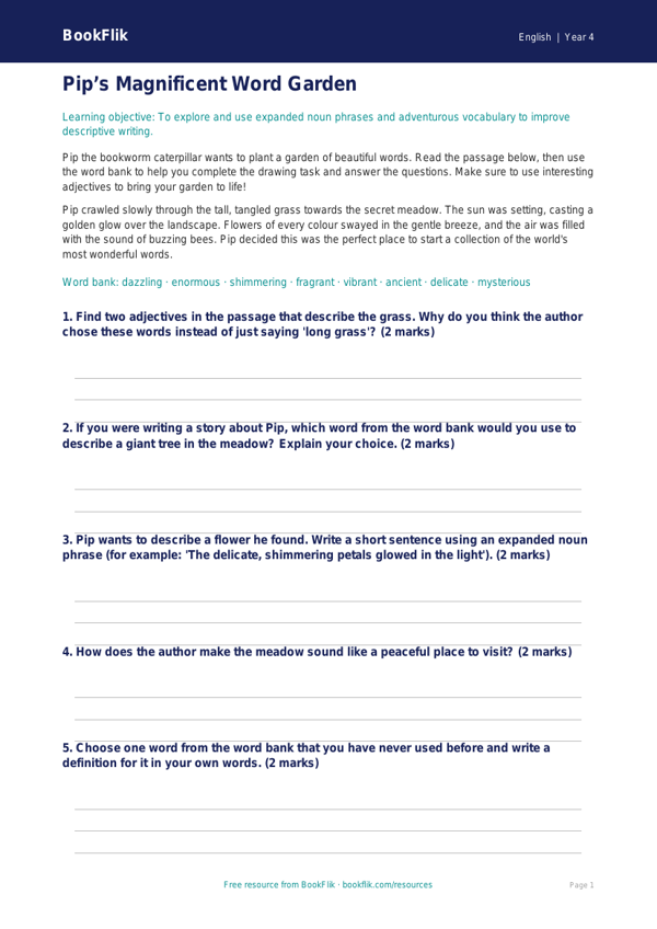 Free Vocabulary Drawing Sheet | Year 4 Core | BookFlik worksheet preview — English Vocabulary