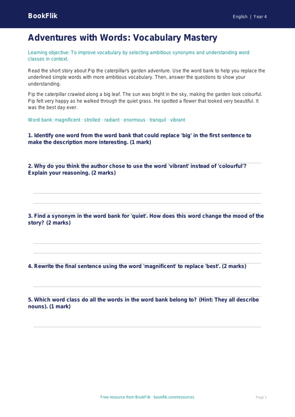 Free Vocabulary Flashcards | Year 4 Core | BookFlik worksheet preview — English Vocabulary