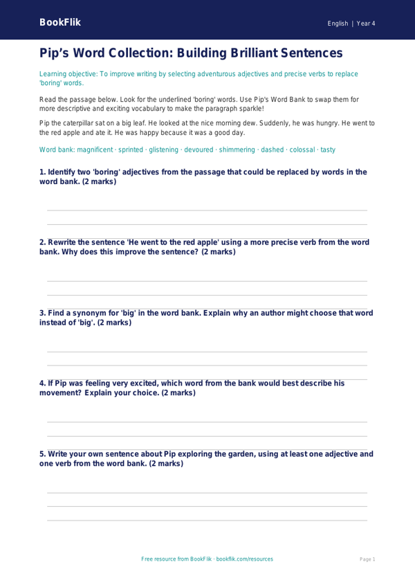 Free Vocabulary Poster | Year 4 Core | BookFlik worksheet preview — English Vocabulary