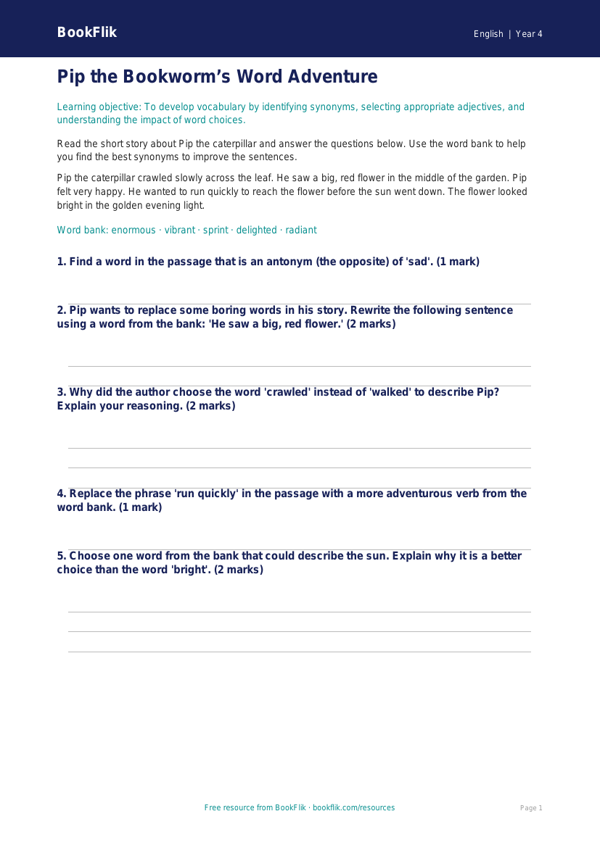 Free Vocabulary Quiz | Year 4 Core | BookFlik worksheet preview — English Vocabulary