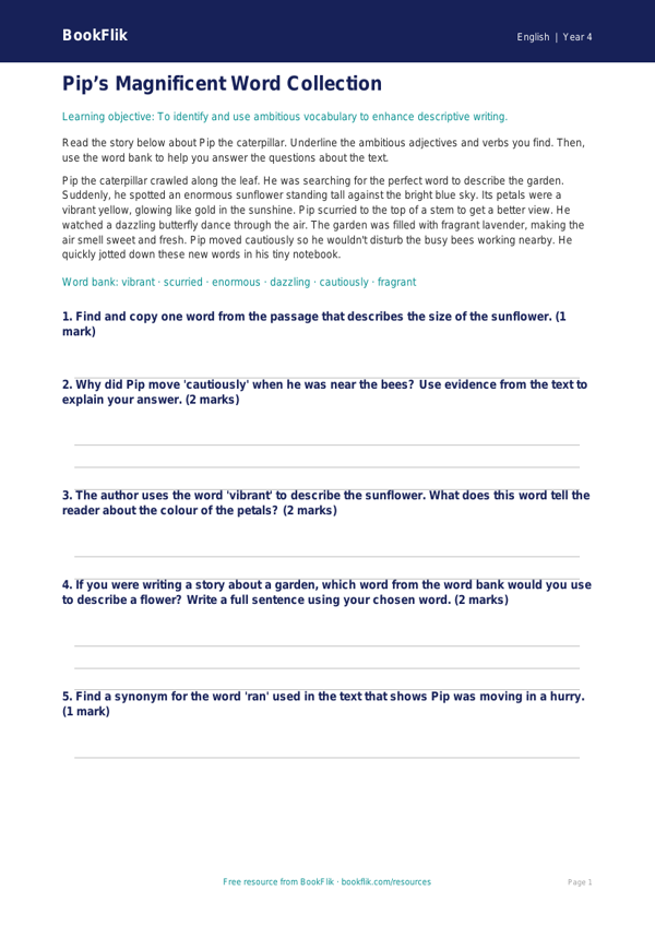 Free Vocabulary Template | Year 4 Core | BookFlik worksheet preview — English Vocabulary