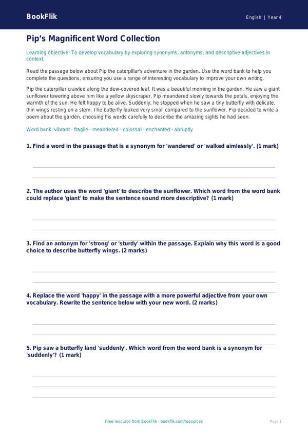 Free Vocabulary Track Sheet | Year 4 Core | BookFlik worksheet preview — English Vocabulary