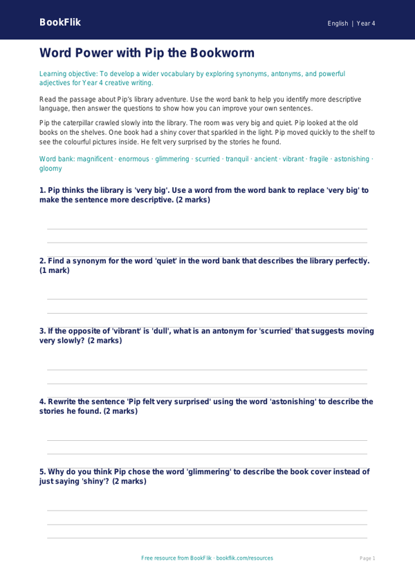 Free Vocabulary Word Mat | Year 4 Core | BookFlik worksheet preview — English Vocabulary
