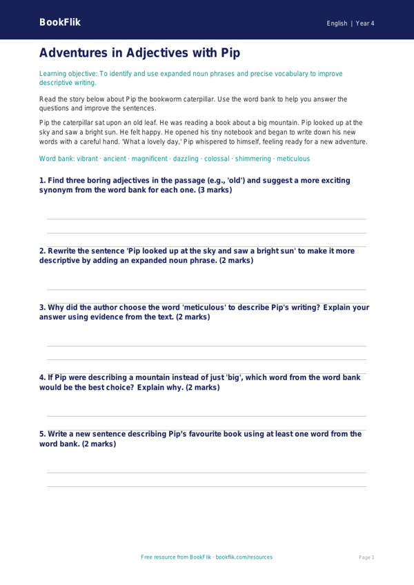 Free Vocabulary Worksheet | Year 4 Core | BookFlik worksheet preview — English Vocabulary