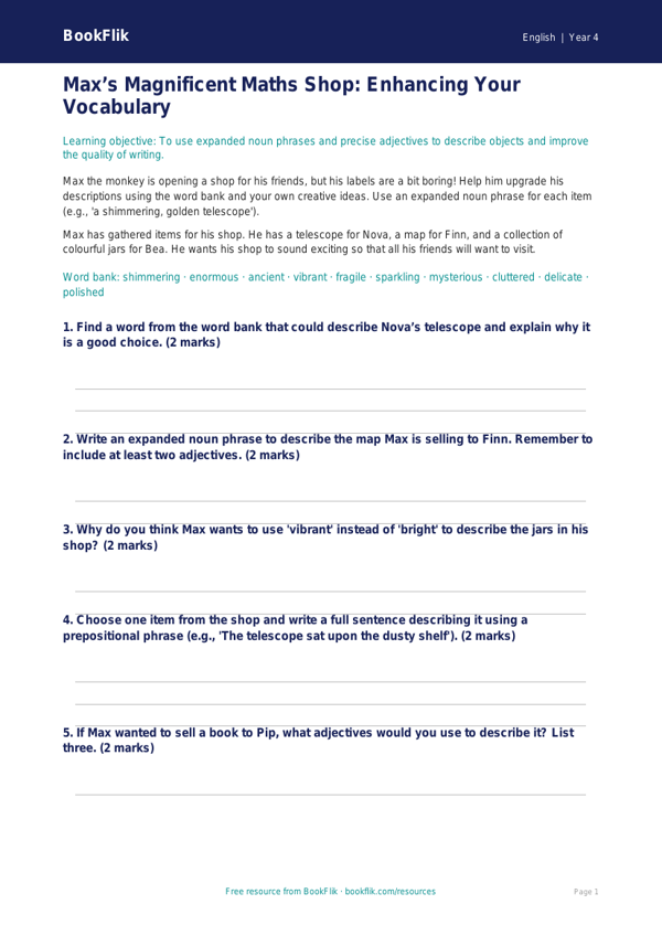 Free Vocabulary Writing Frame | Year 4 Core | BookFlik worksheet preview — English Vocabulary