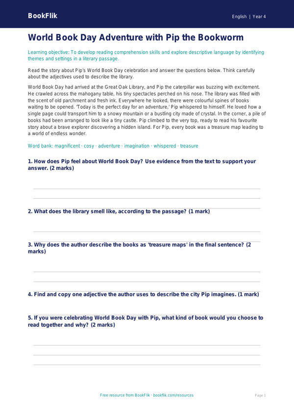 Free World Book Day Activity Sheet | Year 4 Core | BookFlik worksheet preview — English World Book Day
