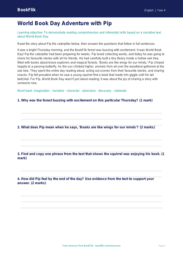 Free World Book Day Assessment | Year 4 Core | BookFlik worksheet preview — English World Book Day