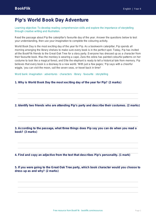 Free World Book Day Colouring Page | Year 4 Core | BookFlik worksheet preview — English World Book Day