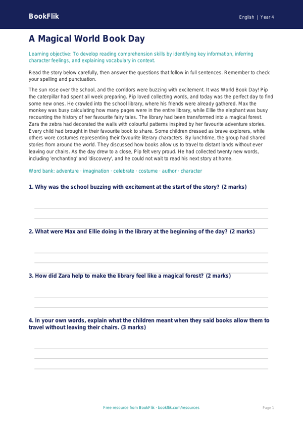 Free World Book Day Comprehension | Year 4 Core | BookFlik worksheet preview — English World Book Day