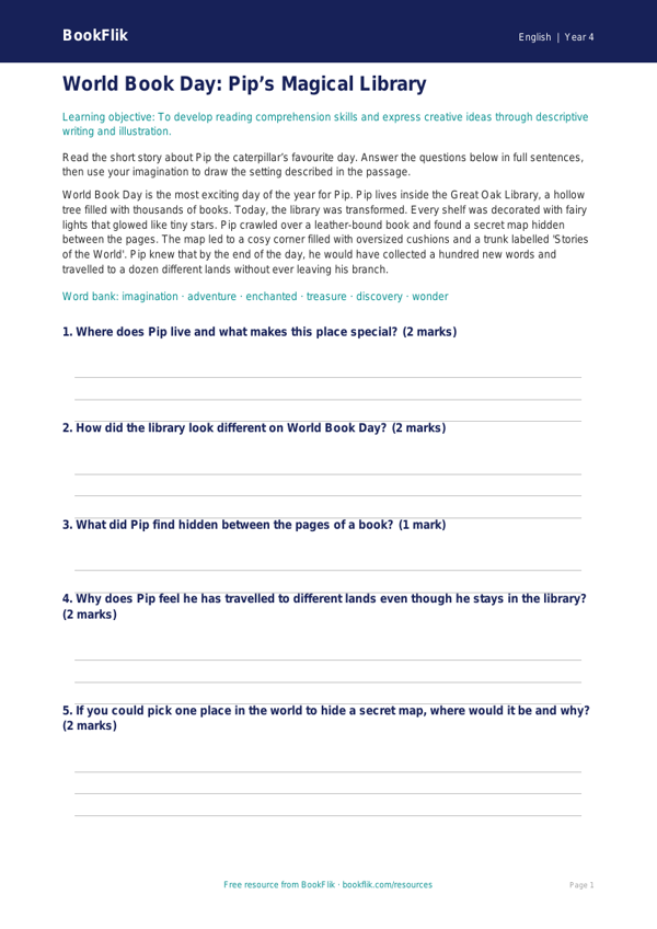 Free World Book Day Drawing Sheet | Year 4 Core | BookFlik worksheet preview — English World Book Day