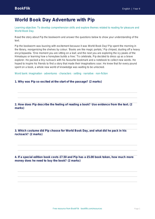Free World Book Day Flashcards | Year 4 Core | BookFlik worksheet preview — English World Book Day