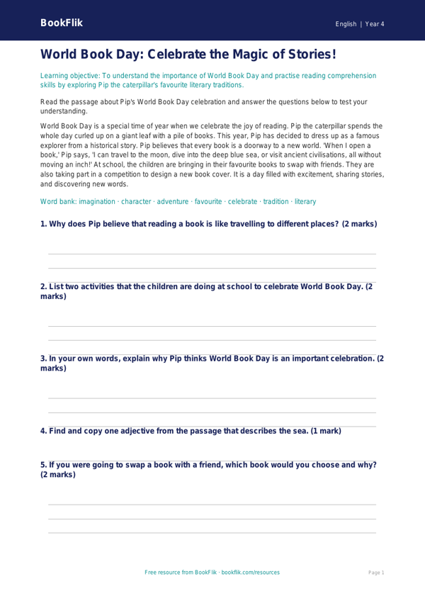 Free World Book Day Poster | Year 4 Core | BookFlik worksheet preview — English World Book Day