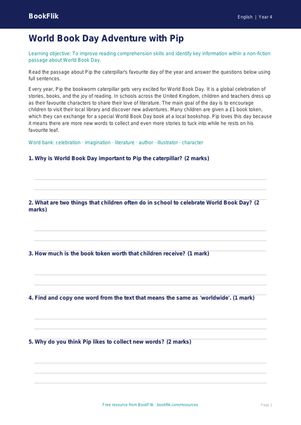 Free World Book Day Quiz | Year 4 Core | BookFlik worksheet preview — English World Book Day