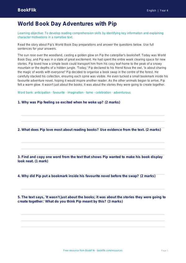 Free World Book Day Template | Year 4 Core | BookFlik worksheet preview — English World Book Day