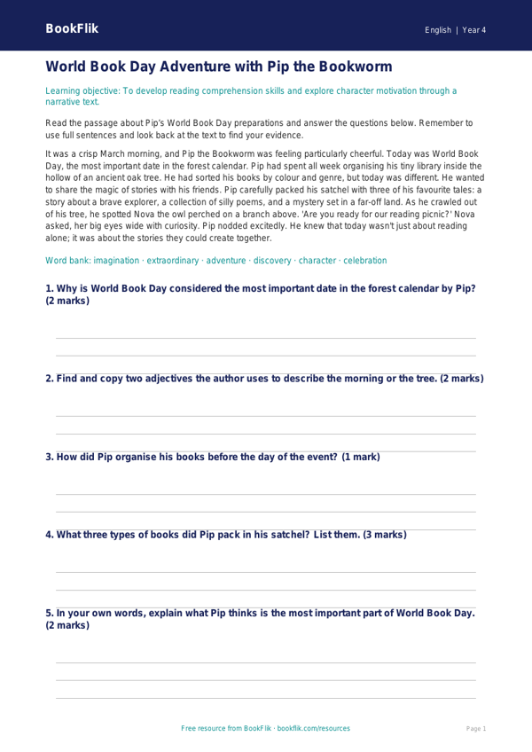 Free World Book Day Track Sheet | Year 4 Core | BookFlik worksheet preview — English World Book Day