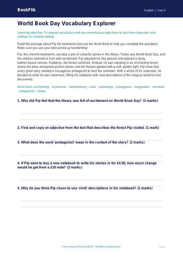 Free World Book Day Word Mat | Year 4 Core | BookFlik worksheet preview — English World Book Day