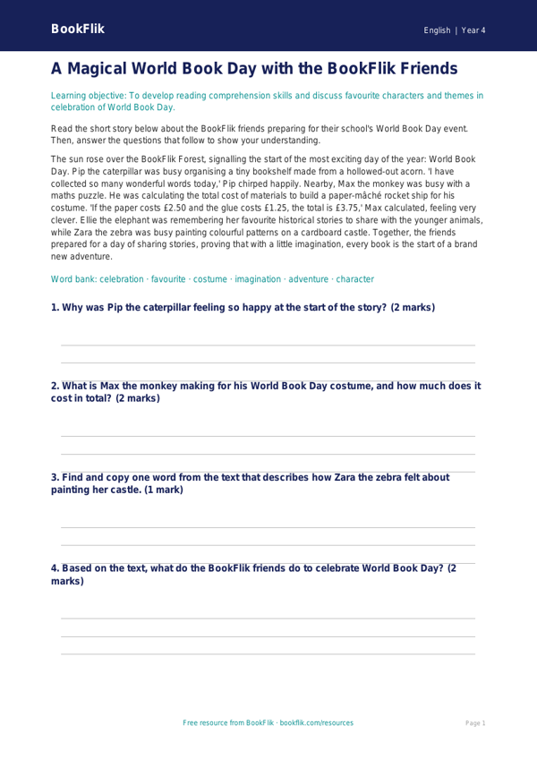 Free World Book Day Worksheet | Year 4 Core | BookFlik worksheet preview — English World Book Day