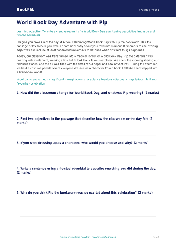 Free World Book Day Writing Frame | Year 4 Core | BookFlik worksheet preview — English World Book Day