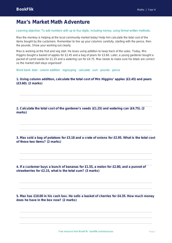 Free Addition Activity Sheet | Year 4 Core | BookFlik worksheet preview — Maths Addition