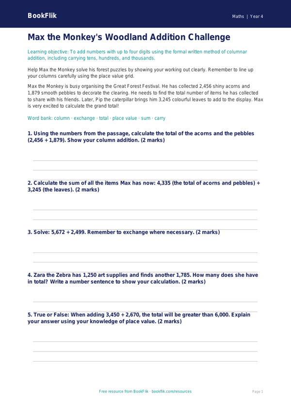 Free Addition Assessment | Year 4 Core | BookFlik worksheet preview — Maths Addition